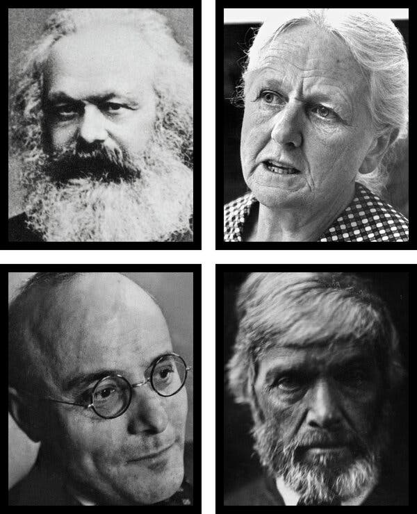 Clockwise from top left: Karl Marx; Joan Robinson; Thomas Carlyle; Karl Polanyi. Cassidy observes that the fundamental criticisms of capitalism have remained strikingly consistent through the centuries.