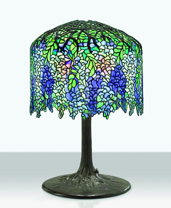 A Tiffany “Wisteria” table lamp crafted from over 2,000 pieces of cascading glass, to be featured by the DeLorenzo Gallery at TEFAF New York.
