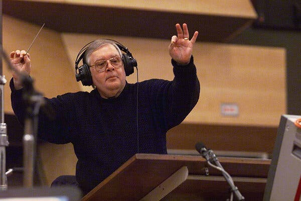 Alf Clausen leads a live orchestra during a rehearsal for ‘The Simpsons.’ He contributed to the show’s music for nearly three decades.