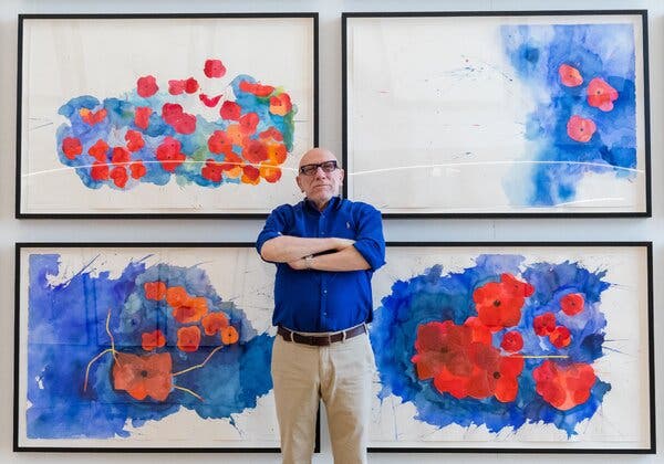 Brian Clarke, renowned stained-glass artist, pictured at a 2021 London exhibition showcasing his work including watercolors.