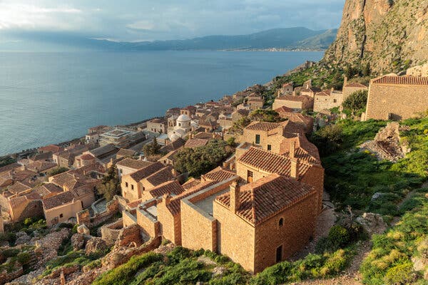 Monemvasia’s medieval fortress town perched atop a rocky promontory, currently reachable only by a steep, winding stone path stretching 240 yards.