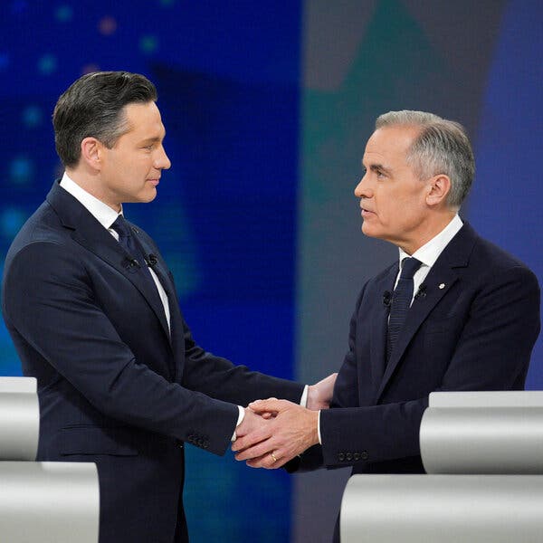 Pierre Poilievre and Mark Carney face off during a debate.