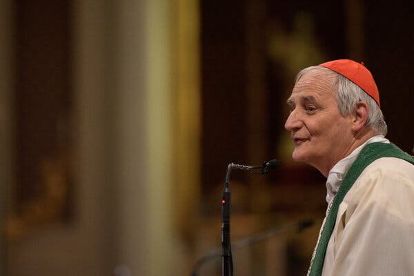 Cardinal Matteo Zuppi leads a prayer for Pope Francis's health at San Domenico Church in Bologna, Italy, February.