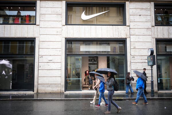 A Nike outlet in Rome reflects growing European reluctance to purchase American-made products, according to a recent survey by the European Central Bank.