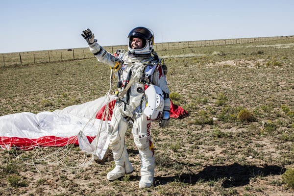 Felix Baumgartner celebrates his historic stratosphere jump in Roswell, New Mexico, in 2012.