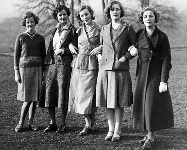 The Mitford sisters in 1935: Jessica, Nancy, Diana, Unity, and Pamela, daughters of David Freeman-Mitford, 2nd Baron Redesdale, and Sydney Bowles.