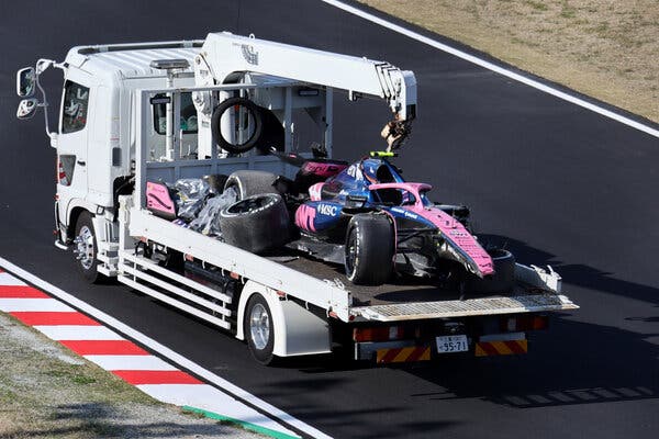 Jack Doohan’s Alpine car after crashing early in a practice session at the Japanese Grand Prix in April.