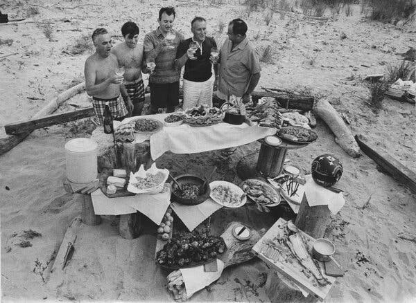 In 1965, chefs Pierre Franey, Jacques Pépin, Roger Fessaguet, Jean Vergnes, and René Verdon share a picnic on Gardiners Island, New York — among the most celebrated culinary figures of their era.