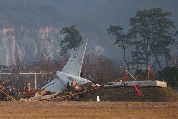 Wreckage of the concrete barrier struck by Jeju Air Flight 2216 during its runway overrun at Muan International Airport in South Korea last December.