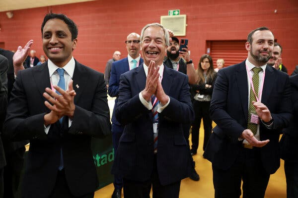 Nigel Farage, leader of Reform U.K., pictured in Widnes, northwestern England, during the local election period.