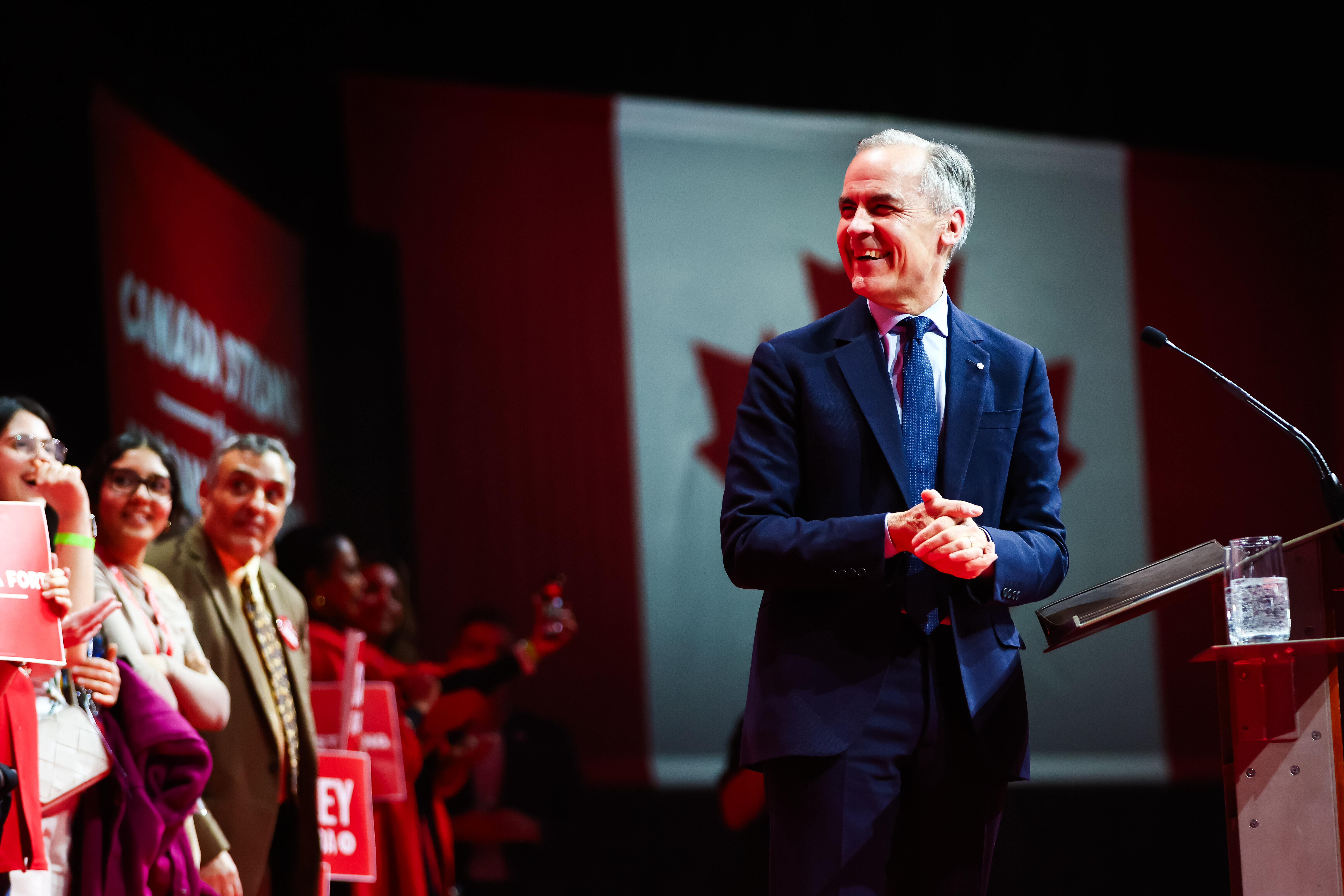 Mark Carney of the Liberal Party addressing supporters in Ottawa following his election victory.