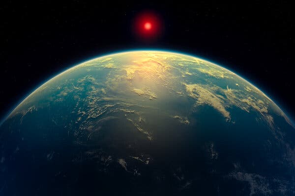 An artist's impression of a Hycean-type exoplanet such as K2-18b orbiting a red dwarf star.