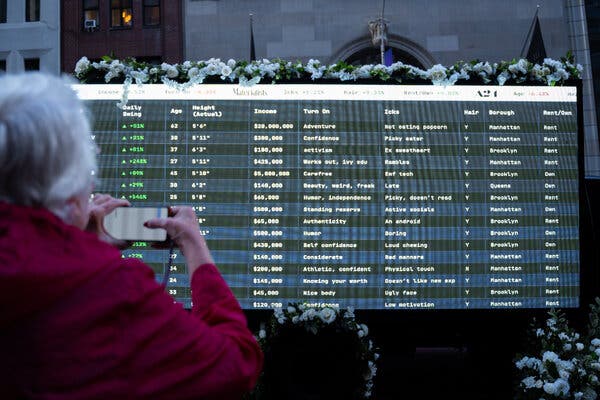 An NYSE ticker showcased single men ranked by various attributes, with an algorithm assigning their ‘romantic value.’