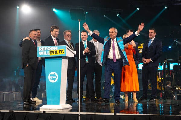 Nigel Farage speaks at a Reform U.K. rally in Birmingham, England, last month amid a surge in party support.