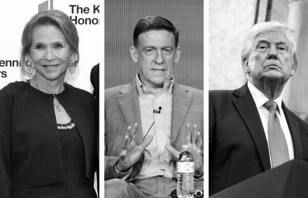 Shari Redstone (left), Paramount’s controlling shareholder; Bill Owens, former executive producer of '60 Minutes'; and former President Donald Trump.