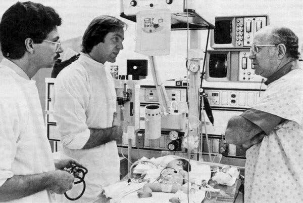 Philip Sunshine (right) collaborating with colleagues in the early 1980s. A peer described him as “not just a pioneer but one of the founders of neonatology.”
