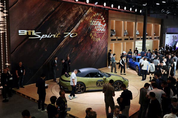 The Porsche 911 Spirit 70 convertible displayed at the Auto Shanghai event last month, highlighting a slowdown in Porsche’s sales within the Chinese market.