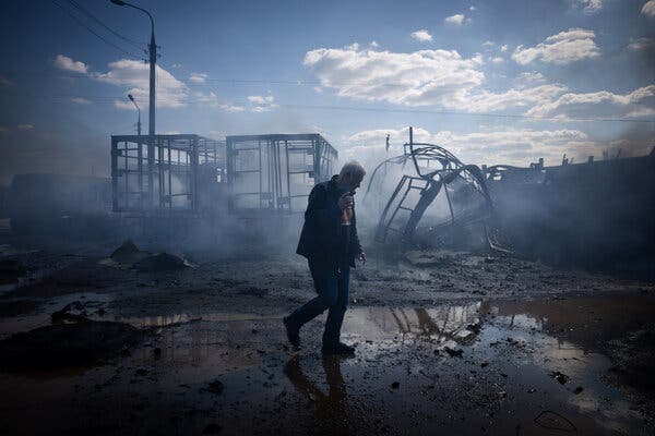 Aftermath of a Russian attack in the Ukrainian city of Sumy in April.