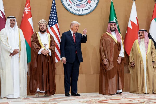 President Trump with Qatar’s Emir Sheikh Tamim bin Hamad al-Thani and fellow Arab leaders at a summit in Riyadh, Saudi Arabia.