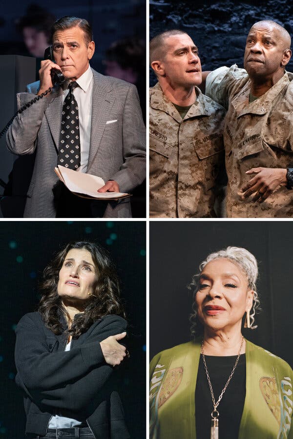 From left clockwise: George Clooney in “Good Night, and Good Luck”; Jake Gyllenhaal and Denzel Washington in “Othello”; director Phylicia Rashad of “Purpose”; and Idina Menzel in “Redwood.”