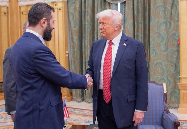 Saudi government-released photo showing President Trump’s meeting with Syrian President Ahmed al-Shara in Riyadh.