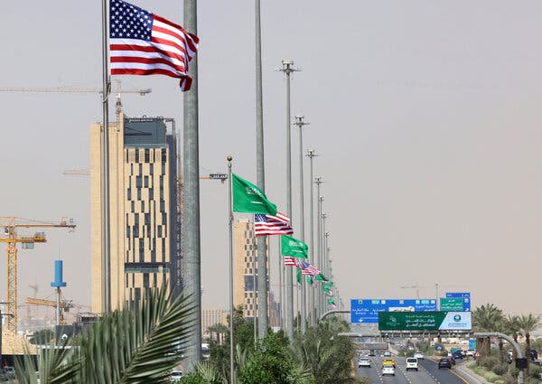 American and Saudi flags displayed along a street in Riyadh, Saudi Arabia, ahead of President Trump's visit.