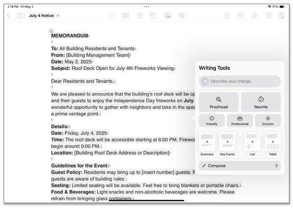 Apple Intelligence’s writing tools enable users to compose, edit, condense, and rephrase text, simplifying document creation on smartphones and tablets with minimal typing or voice input.