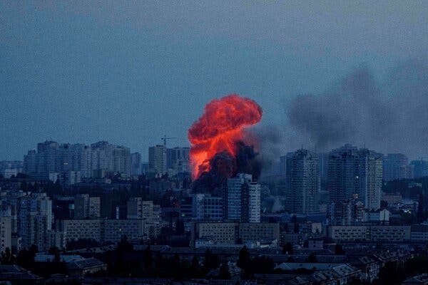 A Russian airstrike lights up the evening sky above Kyiv. Since late May, hundreds of drones and decoys have been launched across Ukraine.