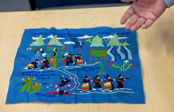 A Hmong story cloth exhibited at the Center for Hmong Studies, Concordia University, St. Paul, Minnesota.