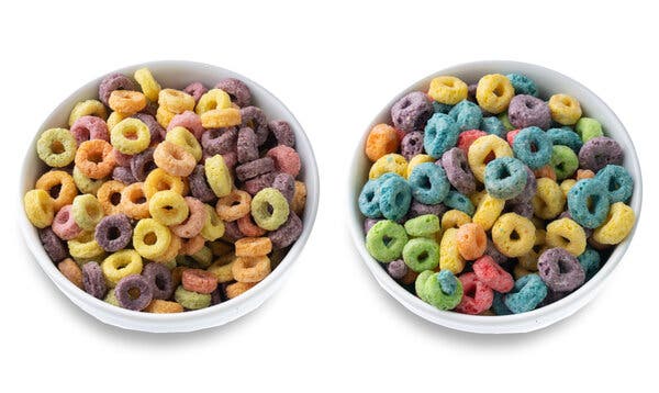 Canadian Froot Loops (left) are colored using natural fruit juices, while the U.S. version (right) features bright colors from synthetic dyes.