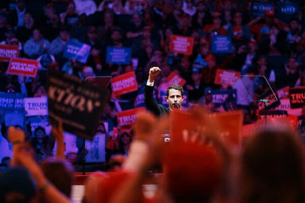 Tony Hinchcliffe speaking at a Trump rally in Madison Square Garden last year, where he made controversial remarks about Puerto Rico. His podcast 'Kill Tony' now ranks second on YouTube.